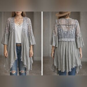 POL Silver Grey Lace Detail Cardigan Duster Top NWOT